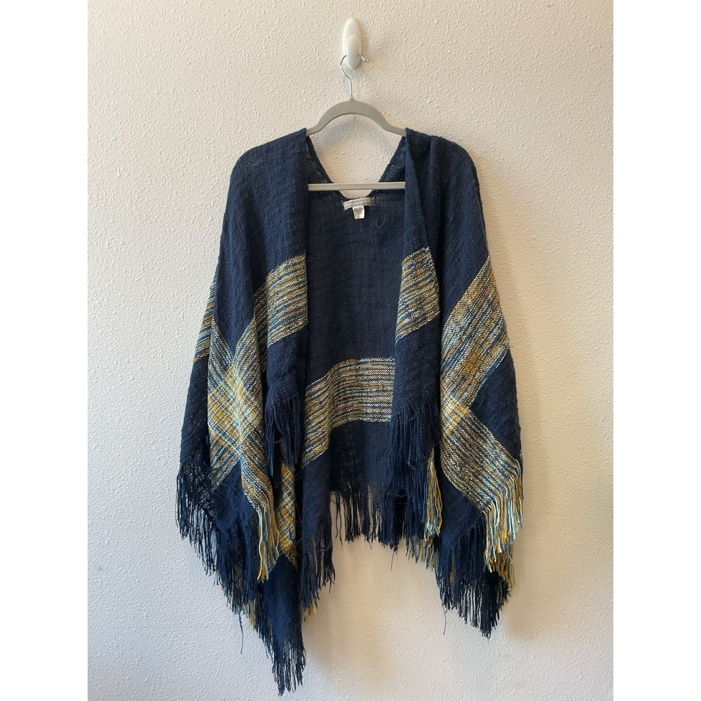World Market Shawl Poncho Wrap Open Navy Yellow Fringe One Size